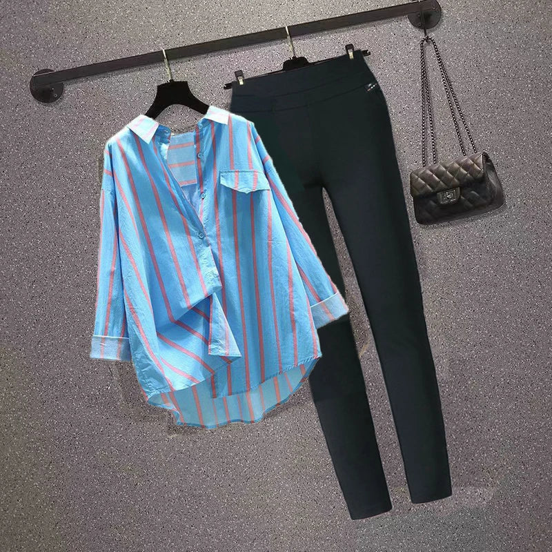 Two Piece Sets Striped Vintage Blouse Long Sleeve Shirts Suit Autumn Female Clothes Casual Pencil Pants Suit Women Clothing Sets-Blue