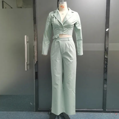 女性ツーピースセットファッションラペル長袖シングル生ボタントップカジュアルルーズパンツスーツセットハイストリート