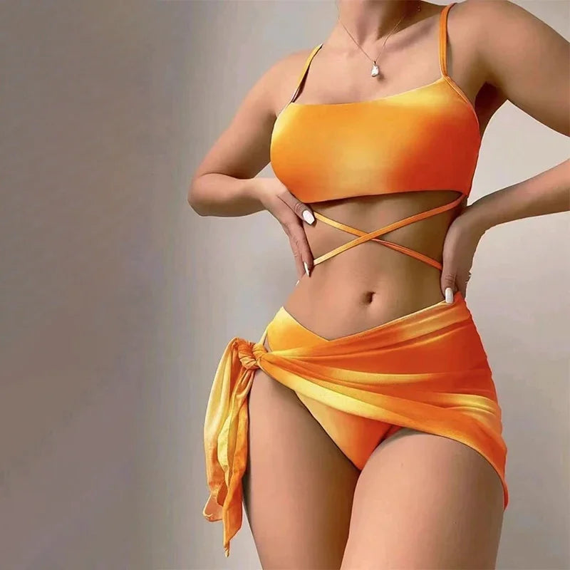 Sexy Womens 3 Pieces Bikini Set Tie Dye Swimsuit Beachwear Summer Fashion Push Up Comfortable Mesh Skirt Suit for Ladies