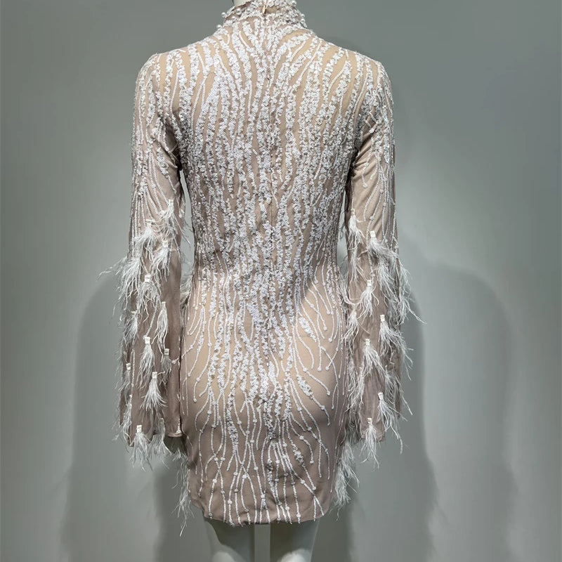 Luxury Exquisite Beading Sequins Feathers Sleeve White Mini Evening Dress Woman Birthday Party Dress Performances Costume
