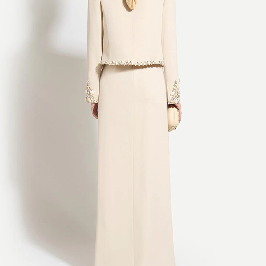 Solid Slimming Two Piece Sets for Women Round Neck Long Sleeves Patchwork Bead Top High Waist Split Skirt Female