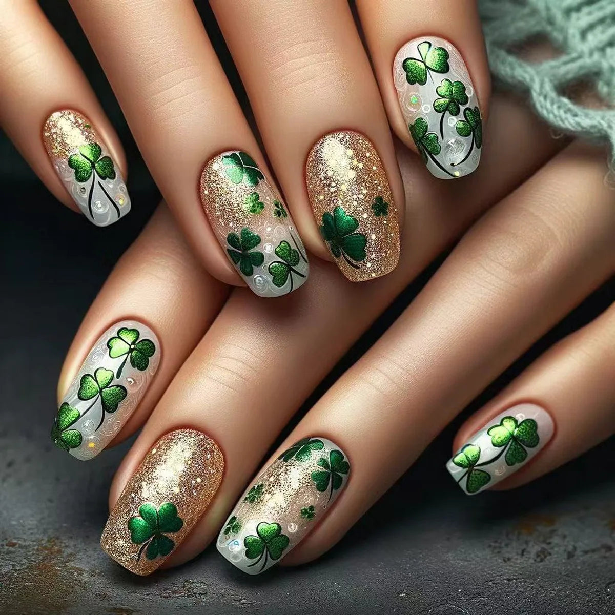 24Pcs Golden Glitter Fake Nail Art with Clover Sequin Design Medium Square False Nail Tip Simple Green Wearable French Gel Nails 1