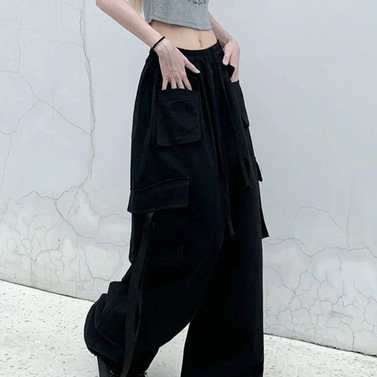 Zoki Pure Cotton Harajuku Cargo Pants Women Vintage Streetwear Oversize Bf Trousers Retro Pockets Casual Hip Hop Straight Pants black