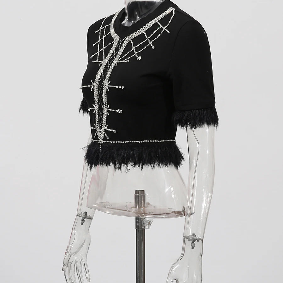 Slimming Spliced Diamond Elegant T Shirts for Women Round Neck Short Sleeves Patchwork Tassels Tees Femlae Fashion