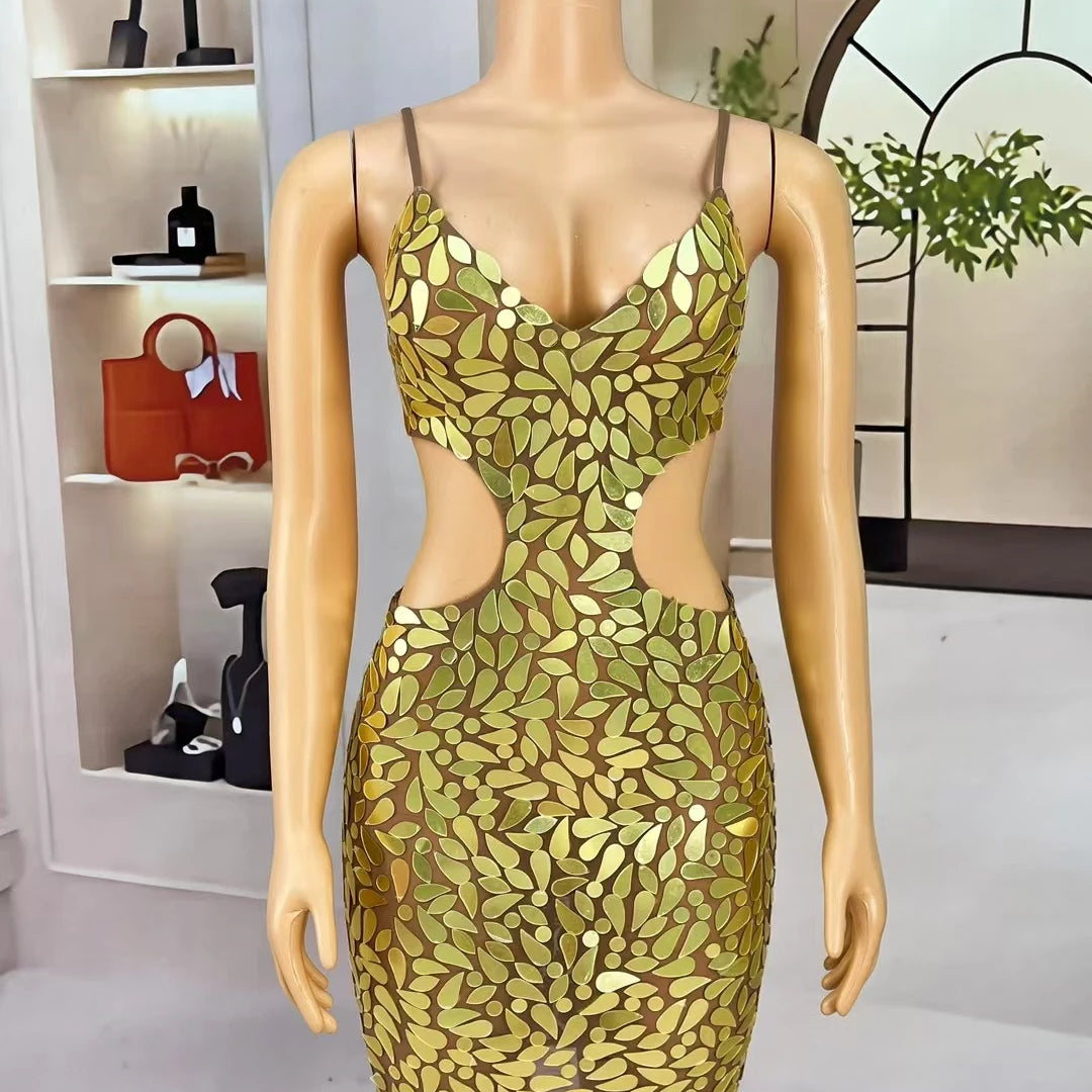 Sexy Backless Strap Deep V Mini Dress Gloden Sequins Evening Dress Birthday Party Queen Maxi Dress Club Chic Dress Huangjinban