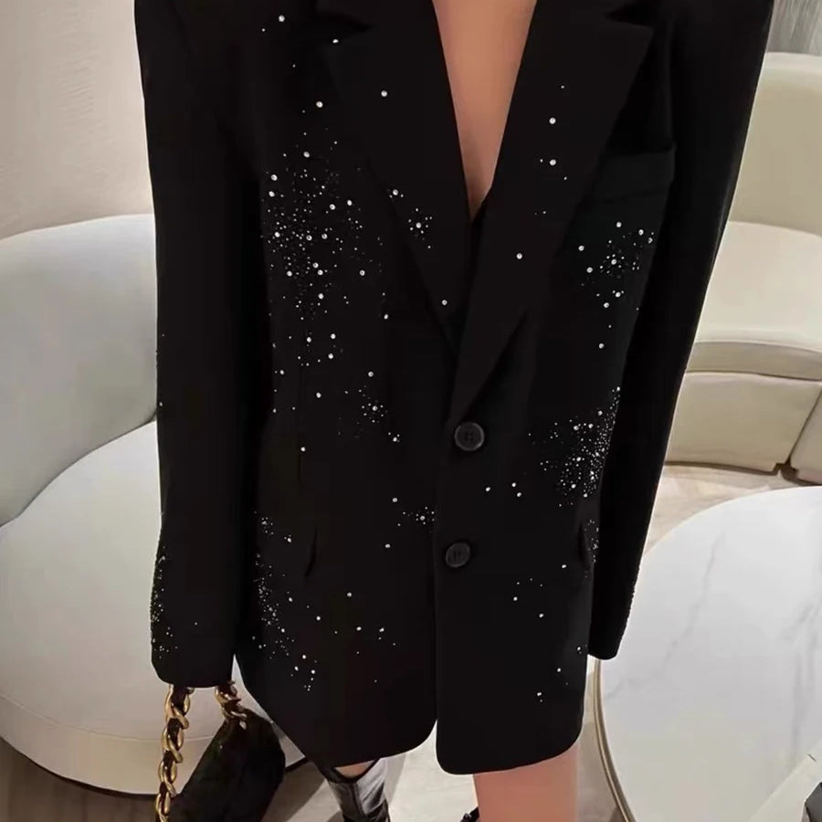 Solid Loose Spliced Bead Fashion Blazers for Women Lapel Long Sleeves Patchwork Single Breasted Blazer Female New