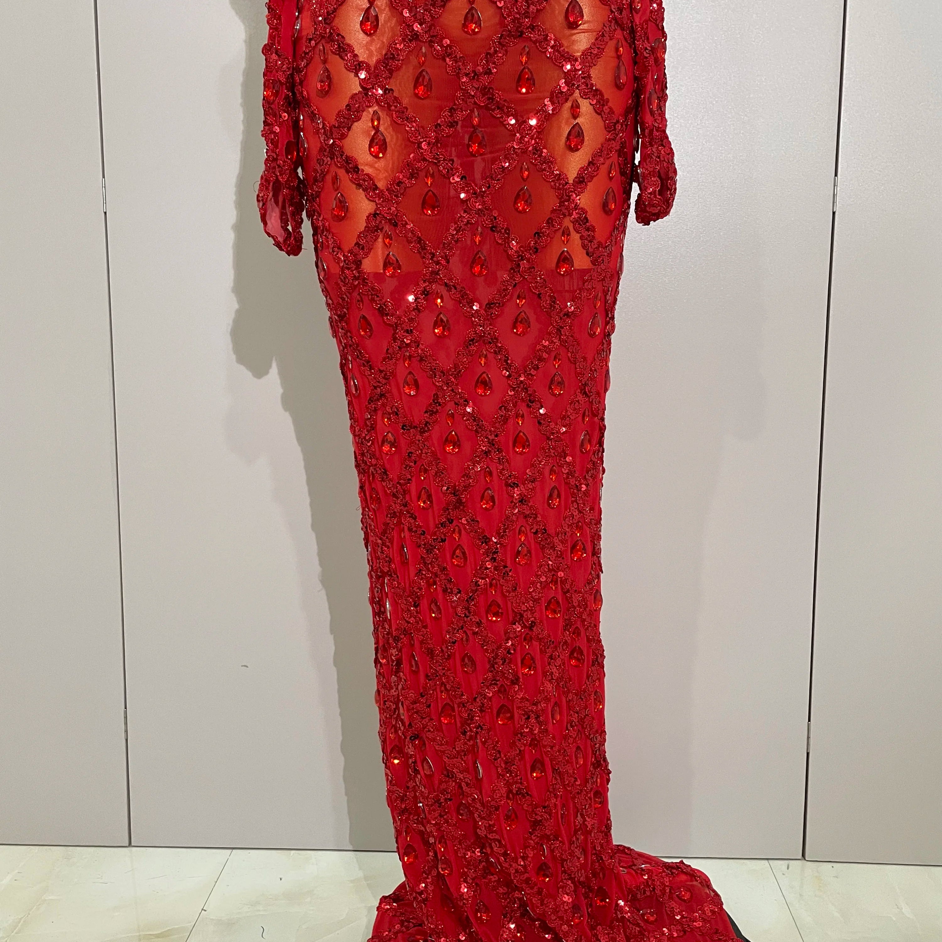 Sexy Sparkly Rhinestones Halter Mesh Long Dress With Gloves 2025 Women Celebrate Evening Wedding Prom Birthday Dress Shoot Wear