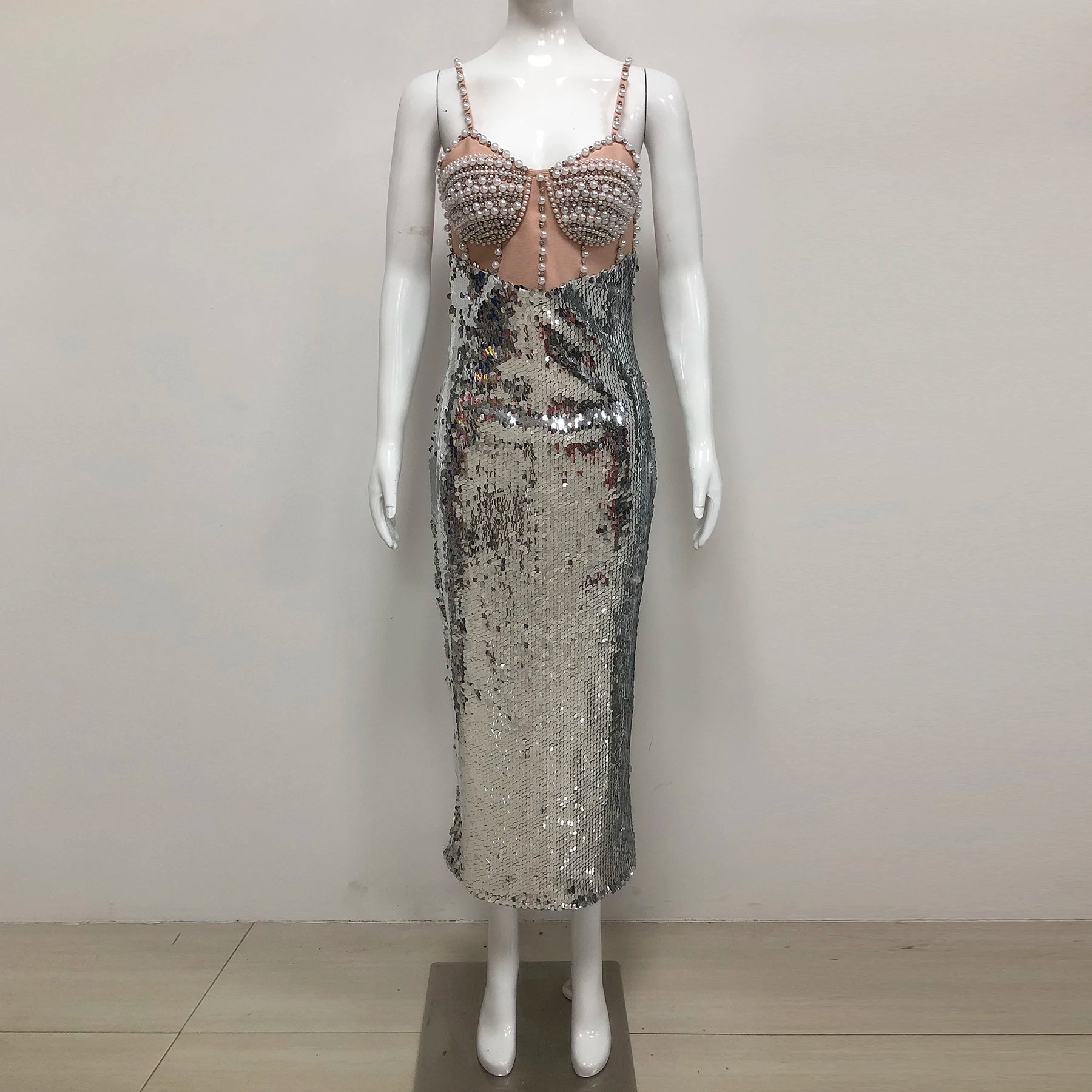 Chic Sequin Pearl Detailed Cut-Out & Straps Dress for Trendy Parties Evening Gown AS PIC