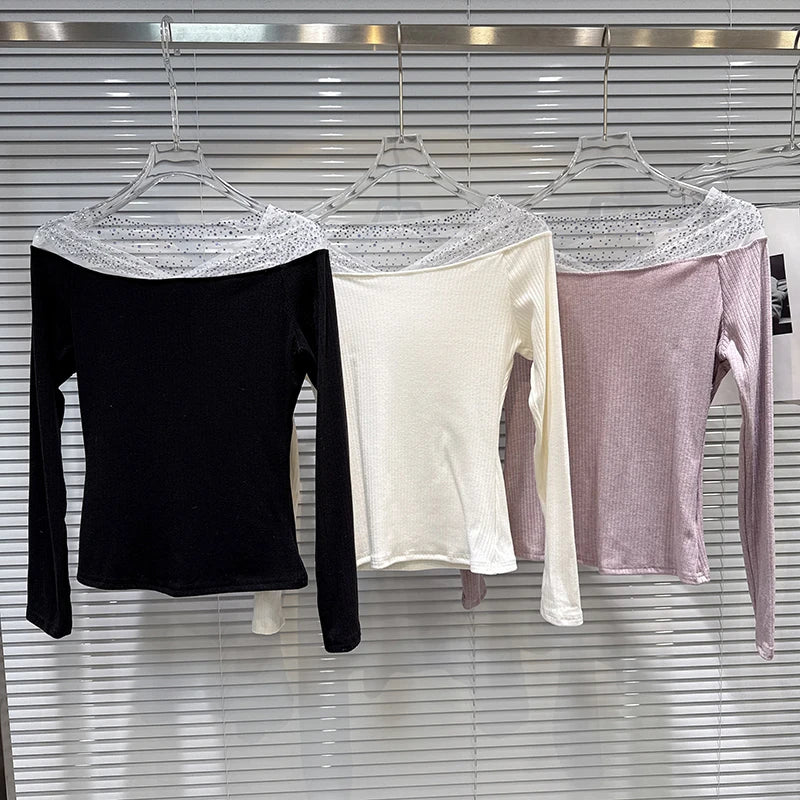 Winter New Elegant Fashion Shiny Rhinestone Mesh Off-Shoulder T-Shirt For Women Patchwork Tops Female Trend 11A07654