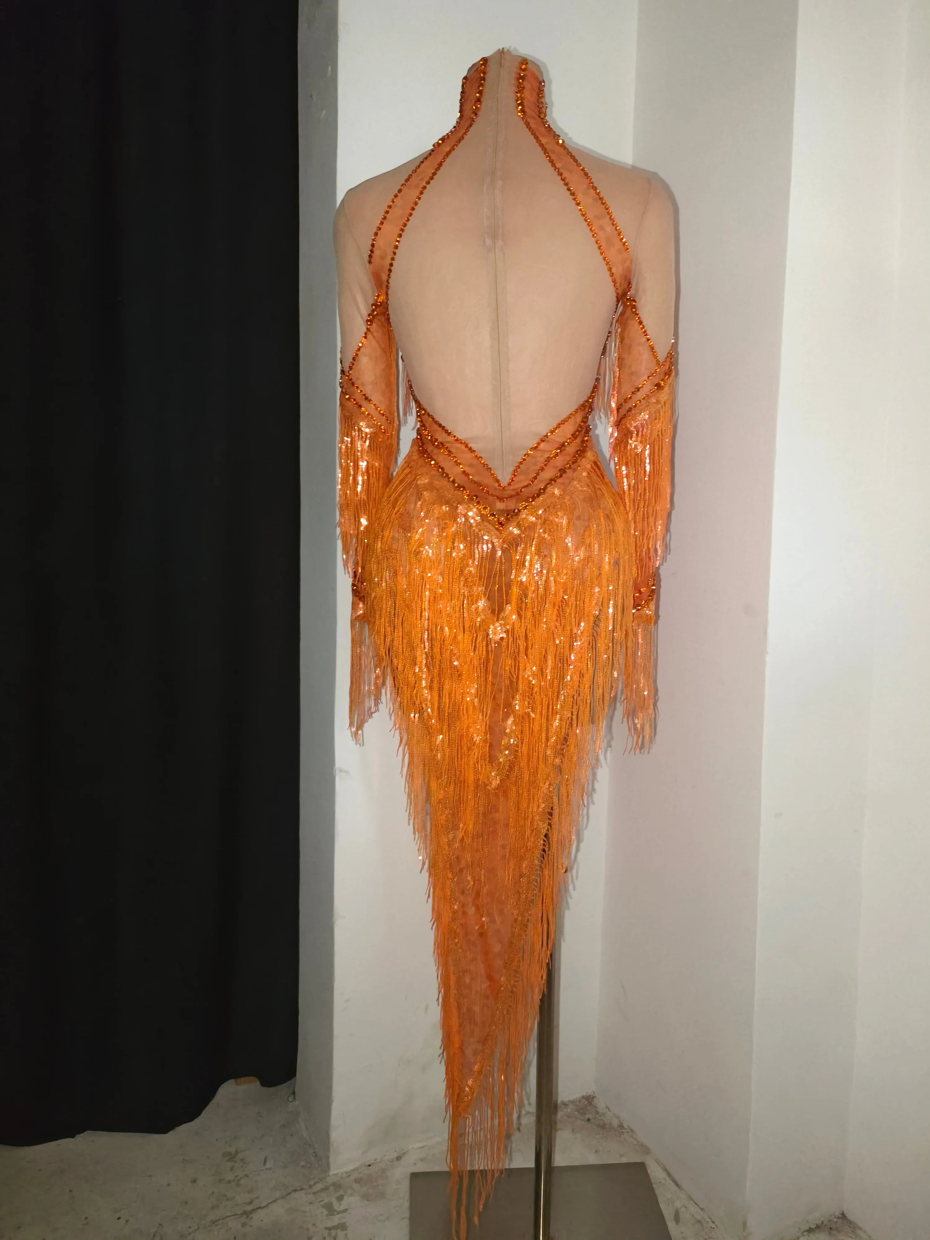 Sparkly Orange Rhinestone Fringe High Neck Dress Women Sheer Mesh Embellished Latin Dance Performance Costume
