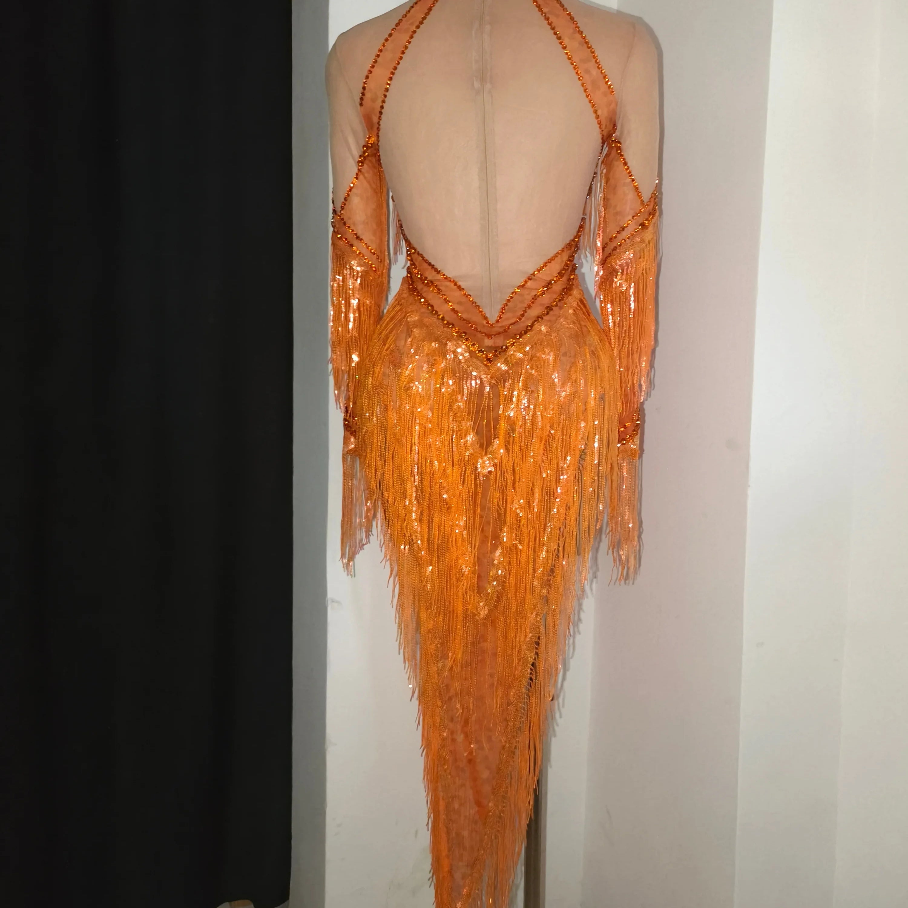 Sparkly Orange High Neck Dress Women Sheer Mesh Rhinestone Fringe Embellished Latin Dance Performance Costume