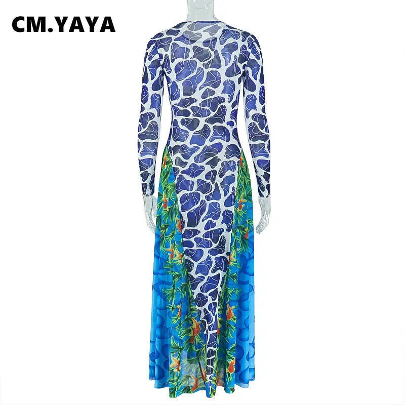 CM.YAYA Women 3D Printed O-neck A-line Mesh Long Sleeve Maxi Long Dress 2025 Summer Fashion Birthday Vacation Sexy Party Dresses