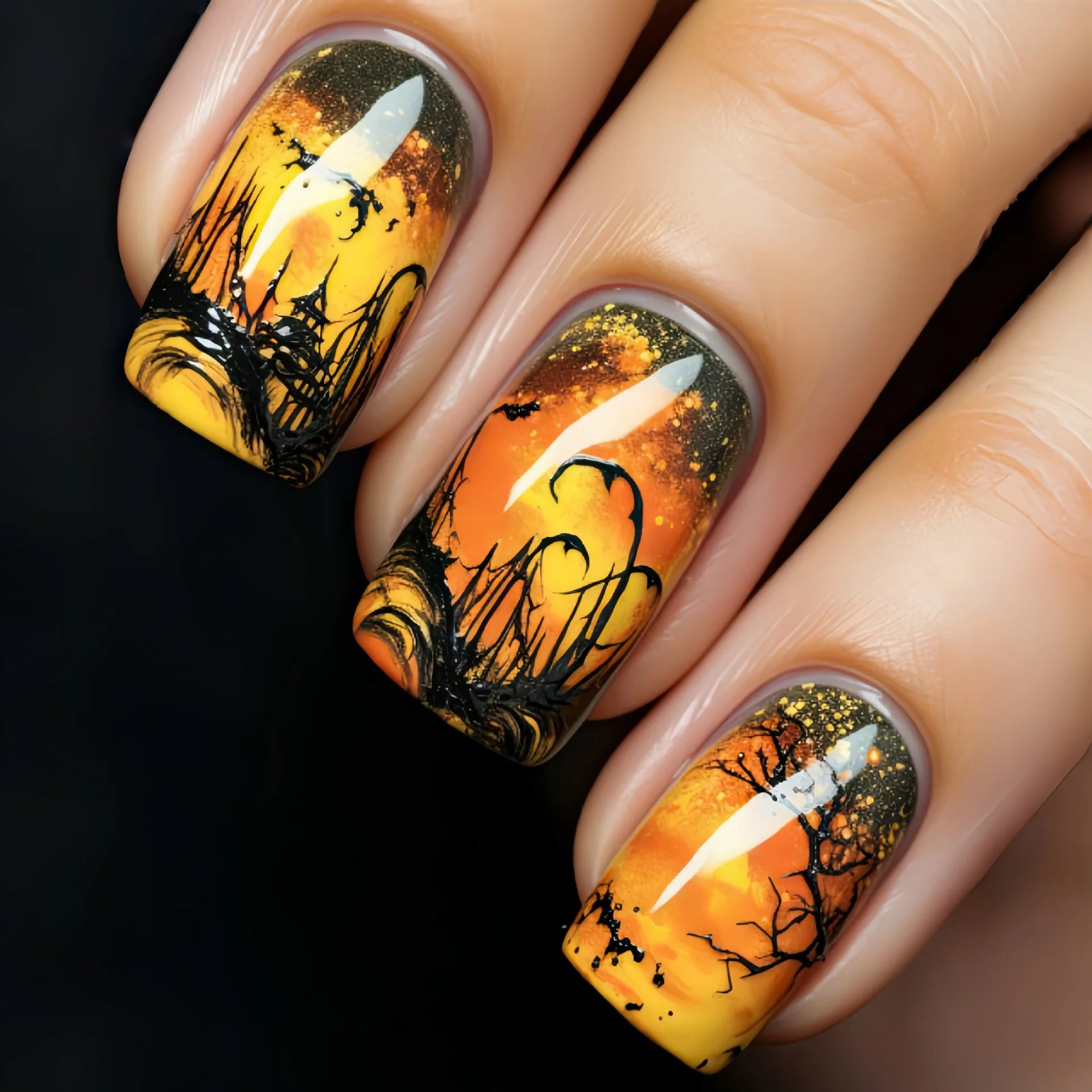 24pcs/set fake nails short middle ballet square nail tips Dreamy colors flowers clouds forest design press on false nails art 1613