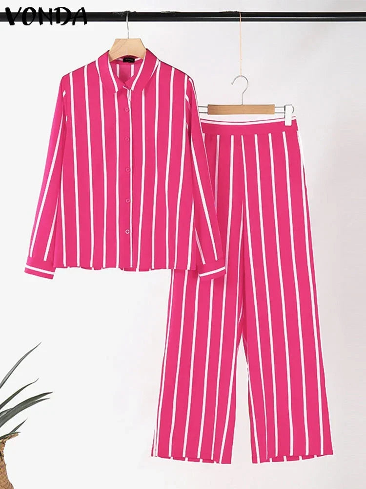 Plus Size 5XL VONDA 2025 Women Pants Sets Matching Sets Vintage Striped Shirt Trouser Casual Two-Piece Sets Office Lady Suits