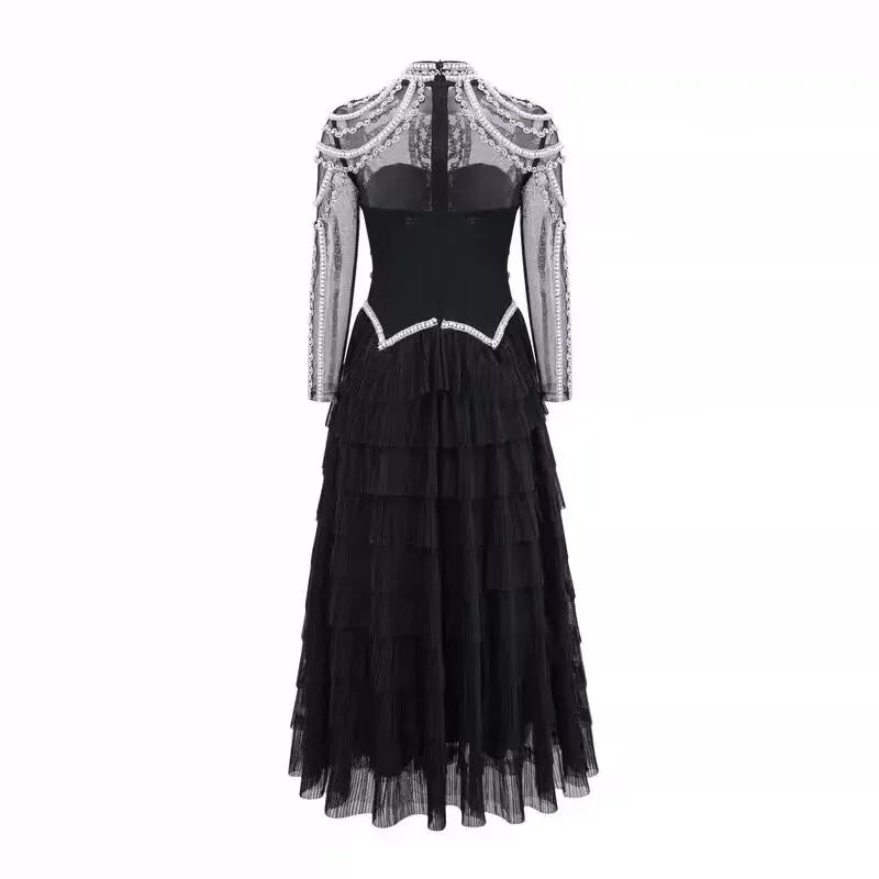 Shining Diamonds Pearl Beading Sexy See Through Mesh Ball Gown Dress Woman Birthday Party Vestido Celebrity Party Outfit