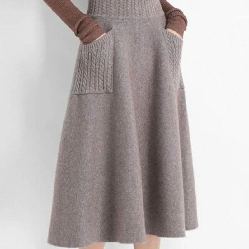 Autumn Winter Warm Wool Knitting Long Skirts Women High Waist with Pocket Loose Female Solid Knit Mid-Calf Skirt B790