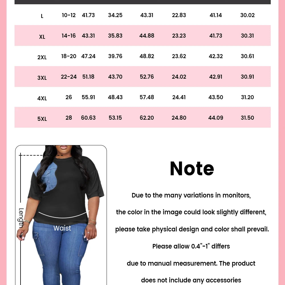 Plus Size Business Casual Black Round Neck Short Sleeve Pocket Denim Two Piece Pant Sets