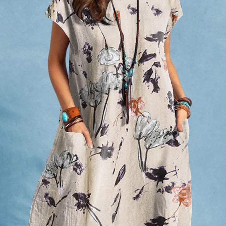 Summer Vintage Dress Bohemian Floral Print O-Neck Short Sleeve Sundress