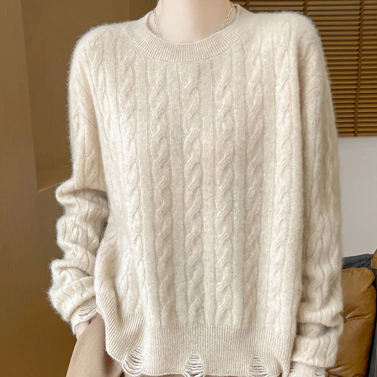 Women Cable Knit Sweater 100% Merino Wool Knitwear O-neck Preppy Style Long Sleeve Pullover Autumn Winter Cashmere Sweater Tops