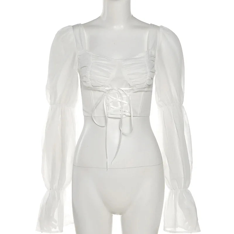 Spring Summer New Women Street Trendy Square Neck Mesh Patchwork Long Sleeved Slim Fit Cropped T-shirt Exposed Navel Top