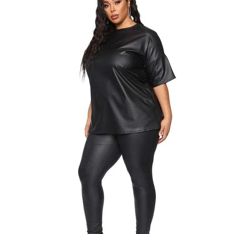 Women Summer Clothes Leather Outfit 2 Piece Set Short Sleeve Blouse Top and Stretchy Leggings Ladies Plus Size Pu Suits in Black