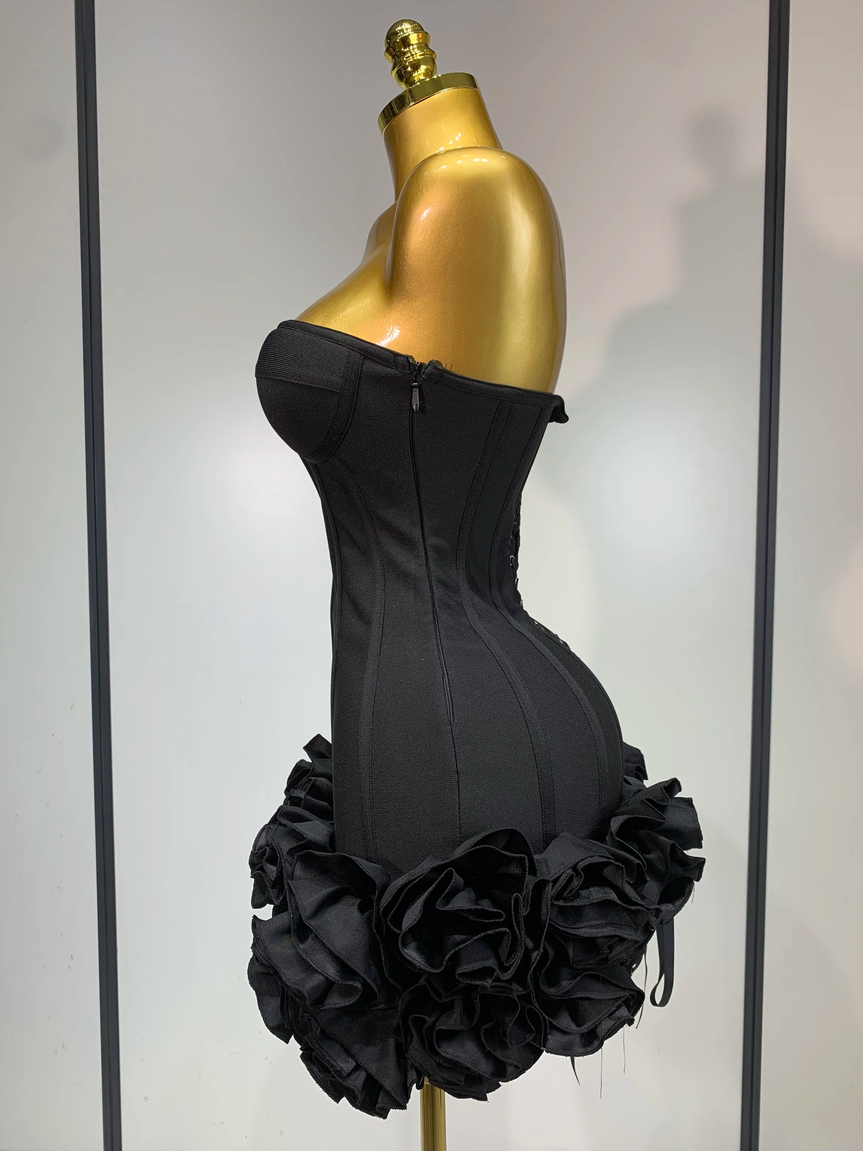 Women Evening Bandage Dress Strapless Bodycon Flowers Mini Celebrity Sexy Birthday Party Dresses Photo Shoot Nightclub Outfit