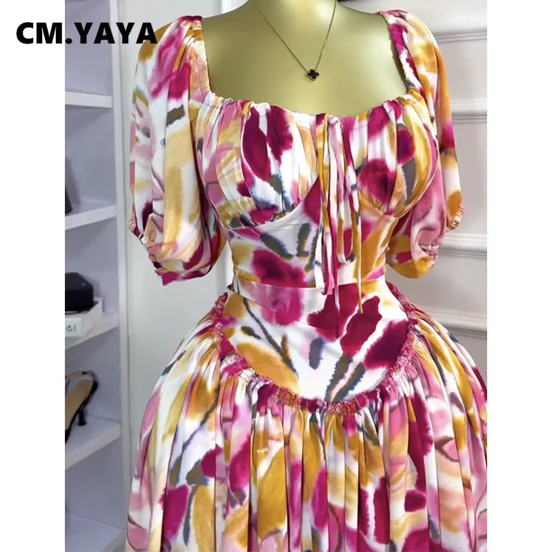 Women Tulip Foral Printed Lantern Short Sleeve Big Swing High Waist Dress 2025 Chic Birthday Party Vestidos Sexy Dresses