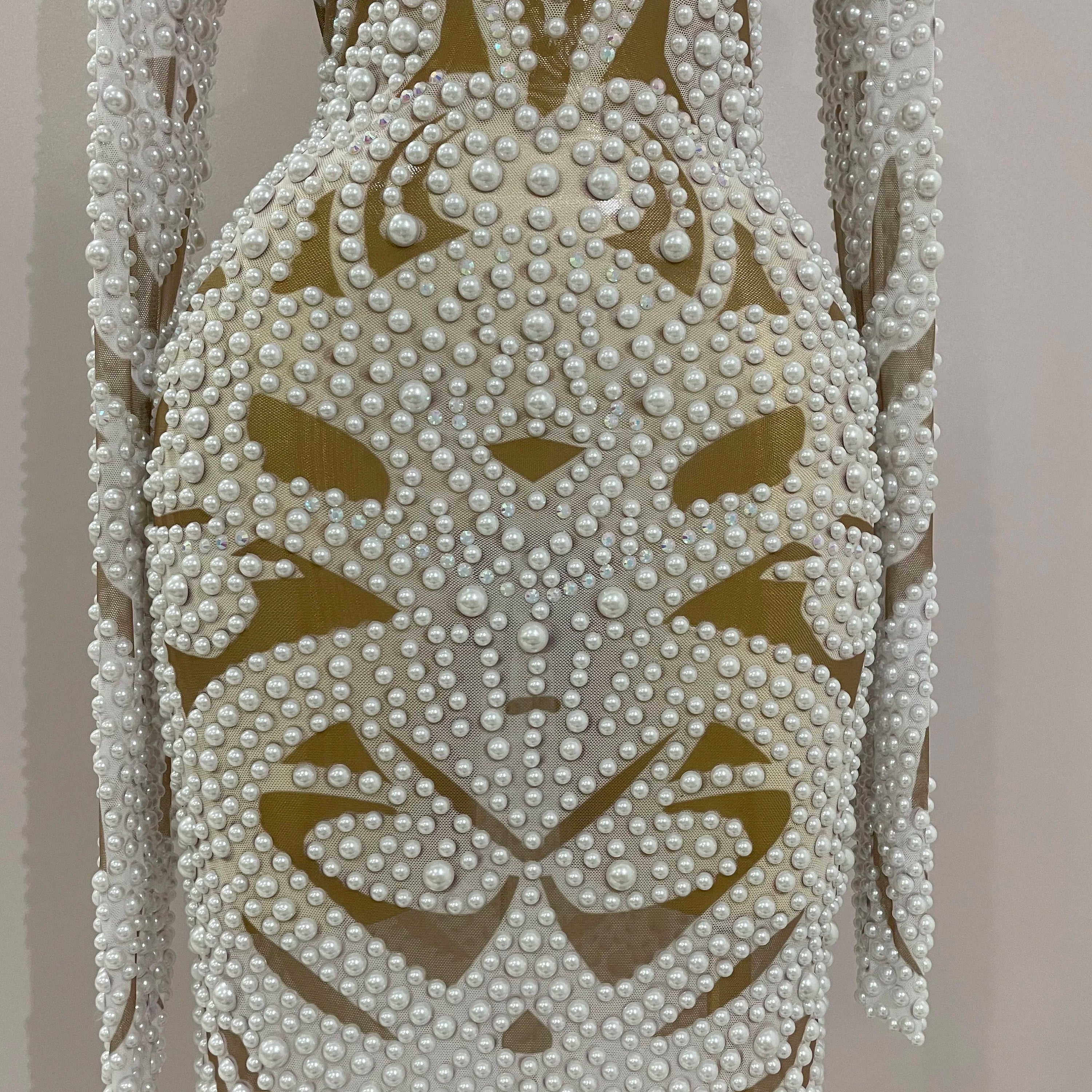 2025 New High-end Elegant Evening Gown AB Rhinestones Pearls Luxury Long Sleeves Mesh Dress Women Cocktail party Wedding Costume