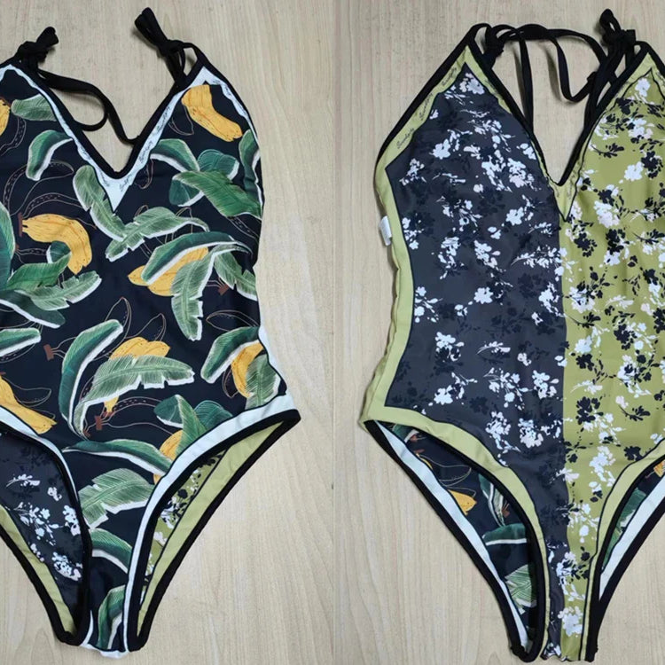 New Vintage Printed Double-sided Wear Swimming Bathing Suit Women Bandage Sexy One Piece Swimsuit Beachwear Swimwear Woman Black-Green