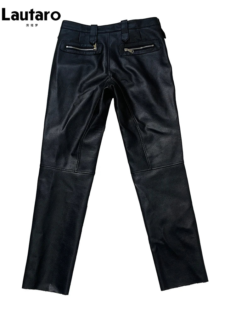 Lautaro Autumn Cool Black Fitted Faux Leather Moto & Biker Pencil Pants Men High Waist Luxury Mens Designer Clothes Fashion 2025