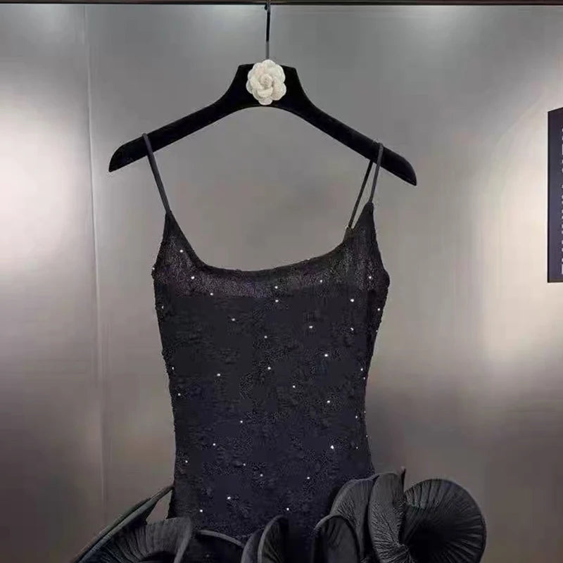 Autumn Winter New Elegant Sweet Rhinestone Ruffle Puff Sleeve Strap Dress For Women Backless Dresses Female 11A07818