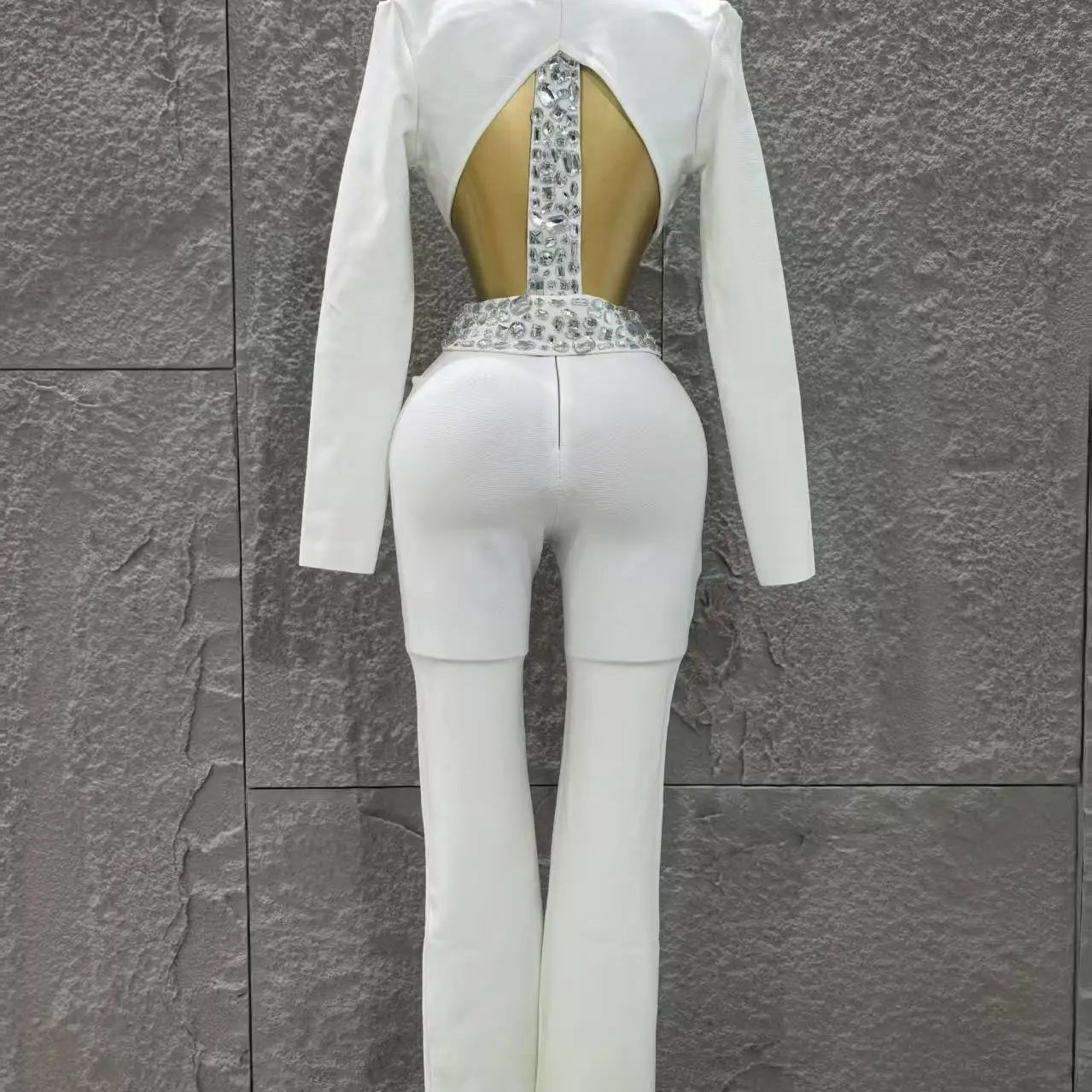 Black White Women Long Sleeve Sexy V-Neck Shinning Crystal 2 Pieces Bodycon Bandage Set Celebrate Evening Party Women's Set