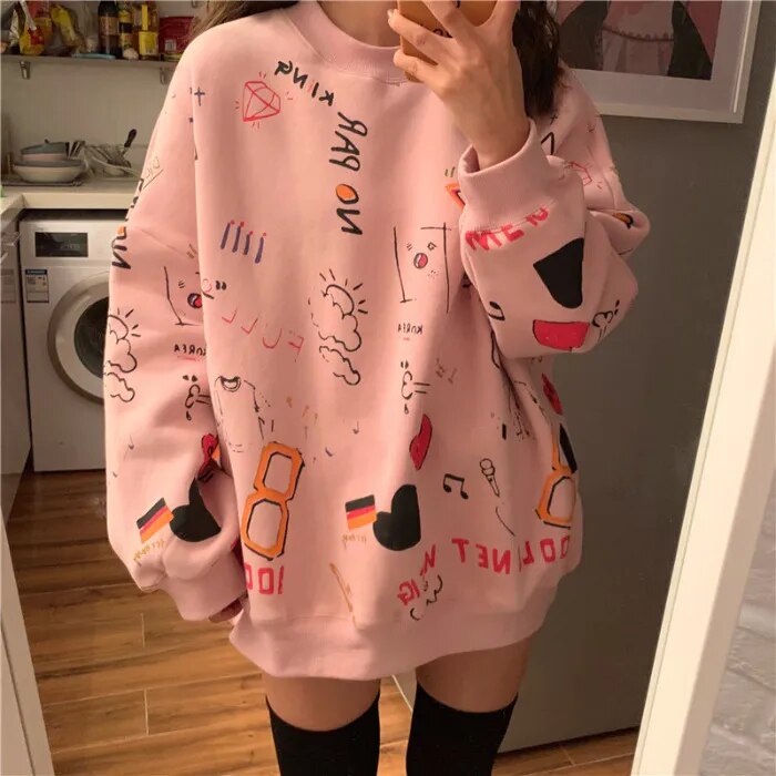 Women Sweatshirts Graffiti Pullover Tops Loose Long Sleeves Female Fashion Streetwear 2024 Autumn Winter Casual Hoodies pink