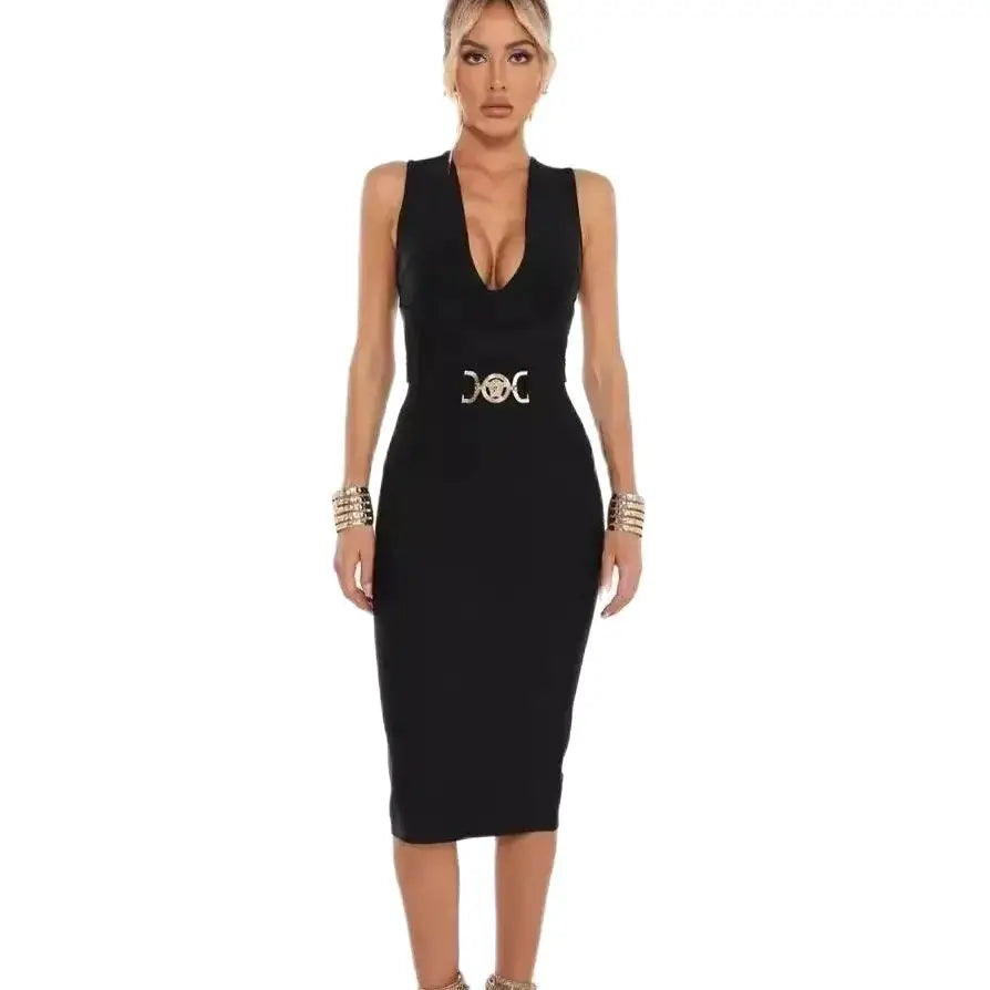 2024 Fashion Diamond Girdle Sleeveless Package Hips Midi Calf Bandage Dress Elegant Woman Evening Dress Celebrity Party Vestido black