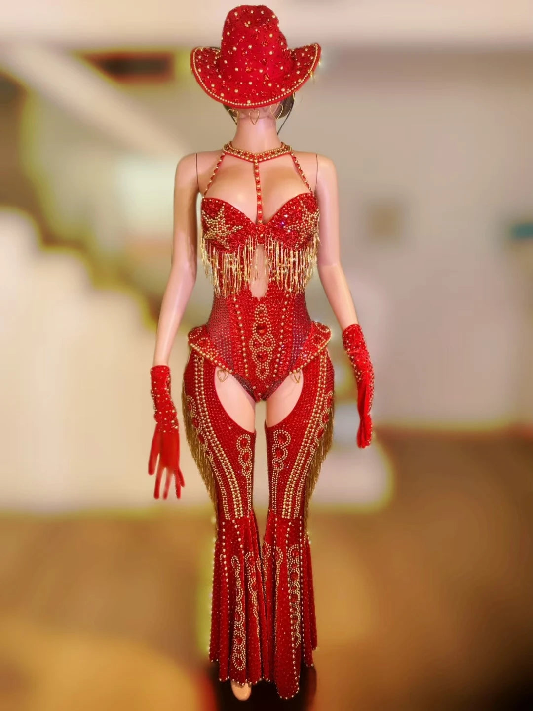 Women Sparkly Rhinestone Bodysuit 4Pieces Set Night Party Cowboy Show Outfit Cabaret Carnival Showgirl Sexy Jumpsuit Hongding