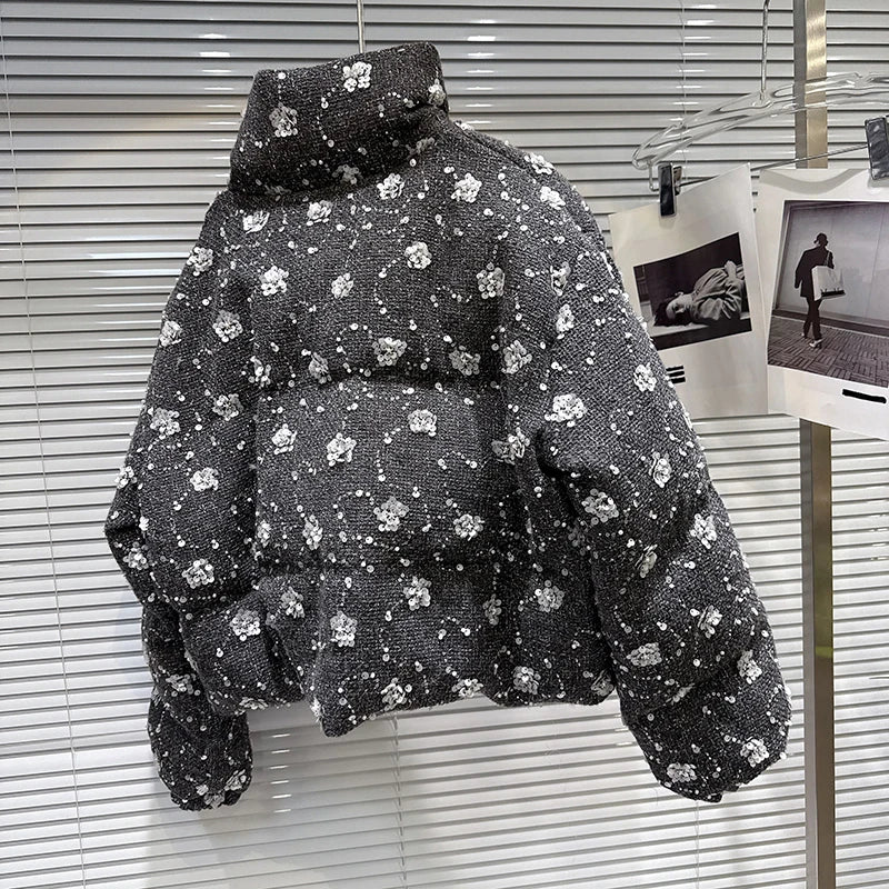 Winter New Fashion Style Sequin Flower Tweed Warm Jacket For Women Loose Cotton-padded Coat Female Trend 11A07496