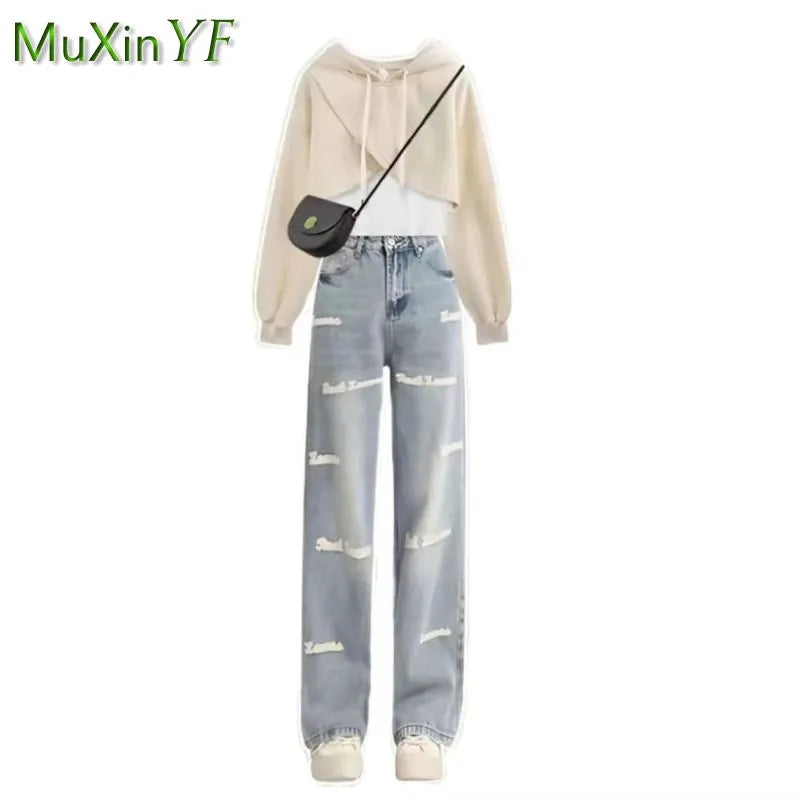 Women's 2024 Autumn New Matching Set Korean Elegant Short Sweater+Tank Top+Letter Jeans Three Piece Female Chic Denim Pants Suit