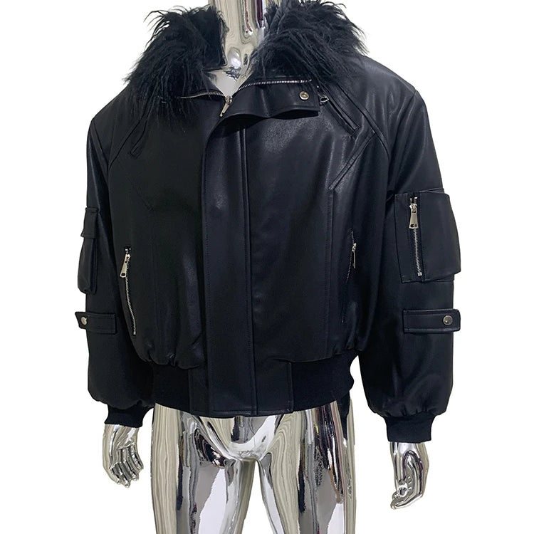Mauroicardi Autumn Winter Short Oversized Black Warm Pu Leather Jacket Men with Faux Fur Trim Hood Loose Casual Korean Fashion