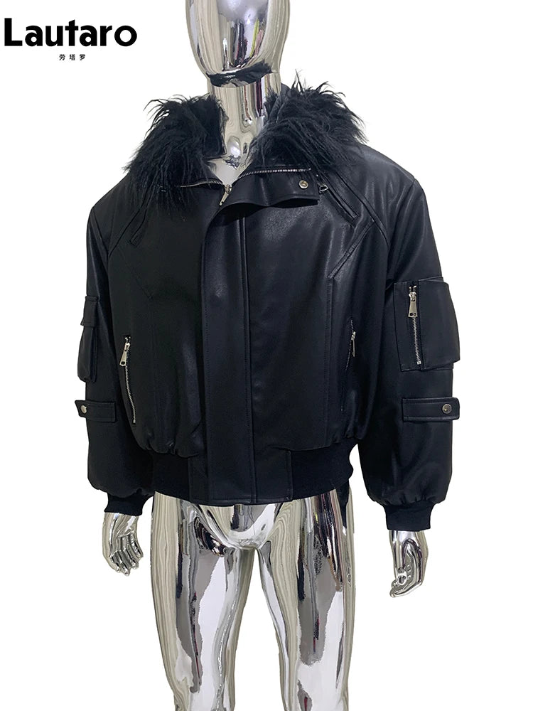 Mauroicardi Autumn Winter Short Oversized Black Warm Pu Leather Jacket Men with Faux Fur Trim Hood Loose Casual Korean Fashion