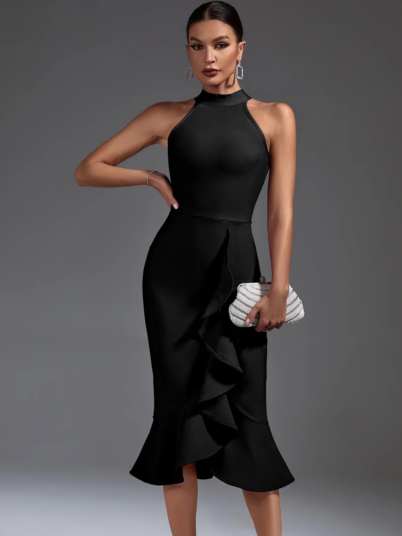 Black Bandage Dress Women Mdi Party Dress Bodycon Elegant Ruffle Mermaid Sexy Birthday Evening Club Outfits