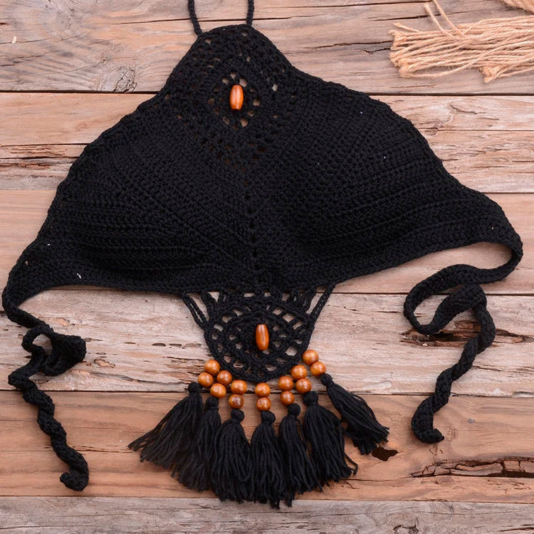Bikini 2022 knitting Swimsuit Crochet Bikini Bohemia Style Off Shoulder High Neck Bathing Beach Bikinis Handmade Crochet Bikini Black Top