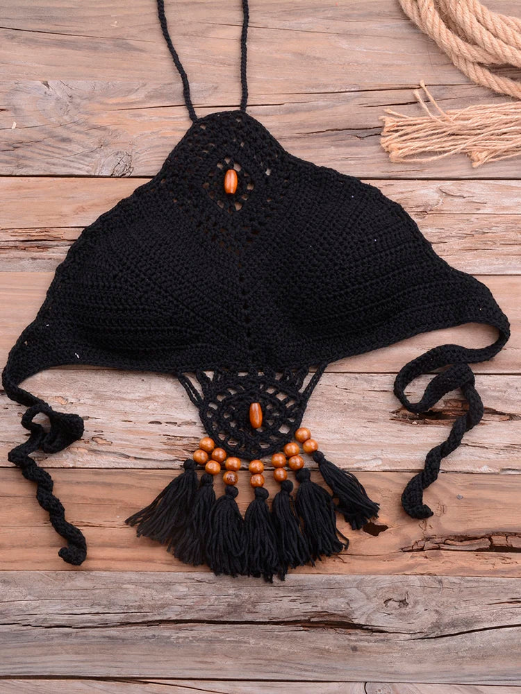 Bikini 2022 knitting Swimsuit Crochet Bikini Bohemia Style Off Shoulder High Neck Bathing Beach Bikinis Handmade Crochet Bikini Black Top