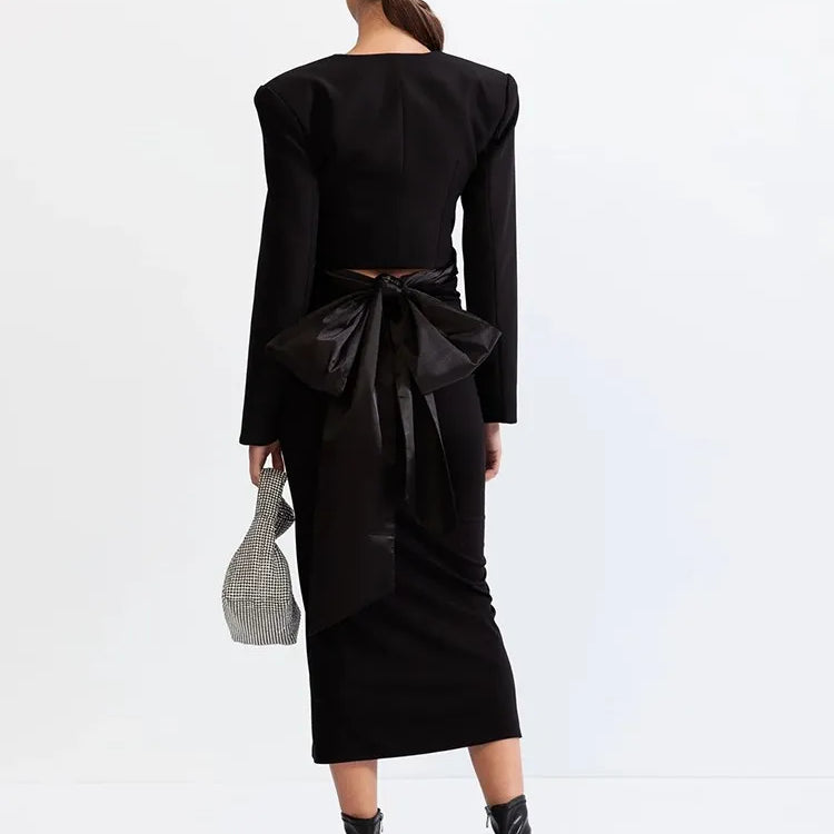 Chic Two Piece Set For Women Round Neck Long Sleeve Top High Waist Spliced Appliques Skirt Elegant Sets Female New