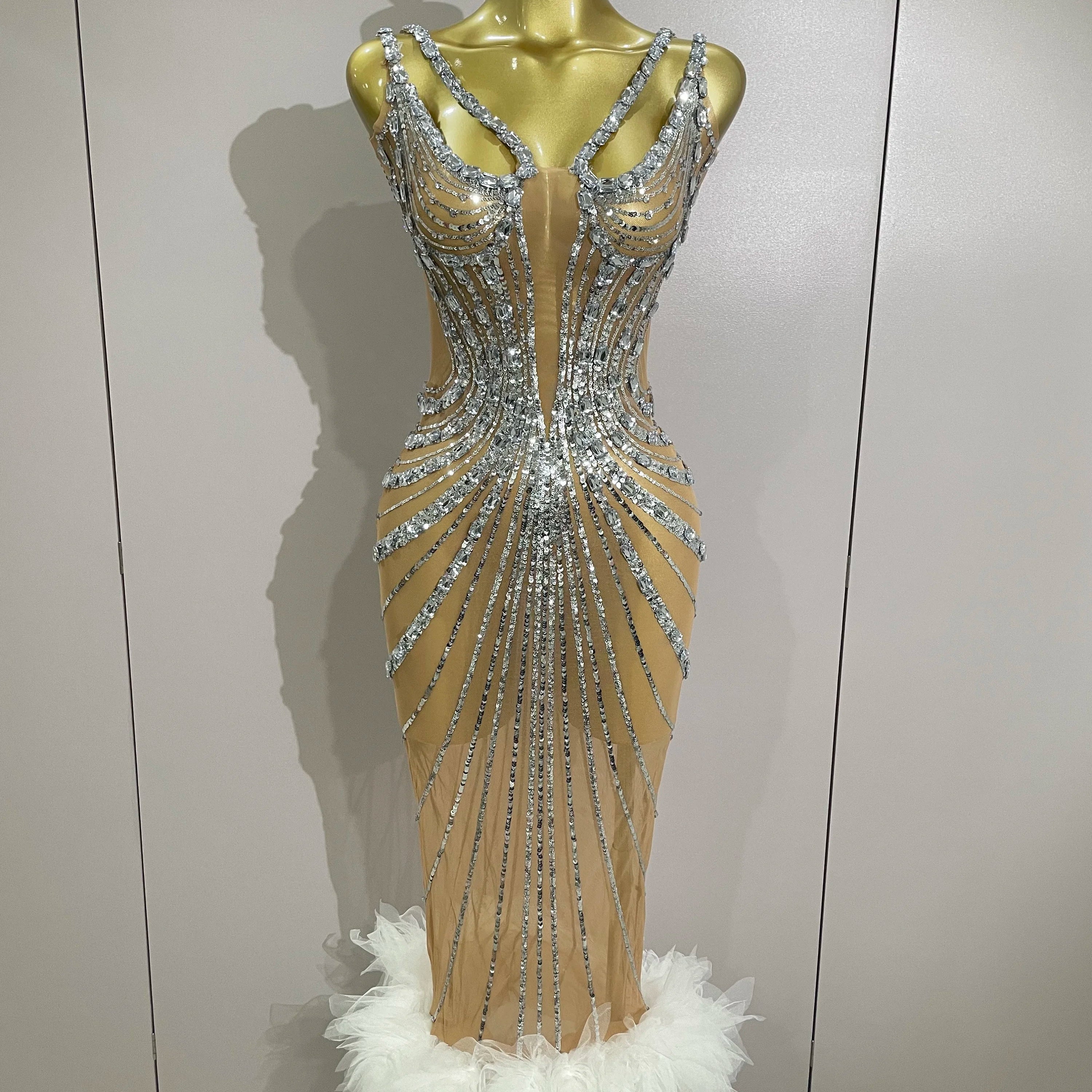 Luxury Sexy Silver Rhinestone Mesh See Through Long Dress 2025 New Women Birthday Party Prom Gown Singer Nightclub Stage Costume Silver
