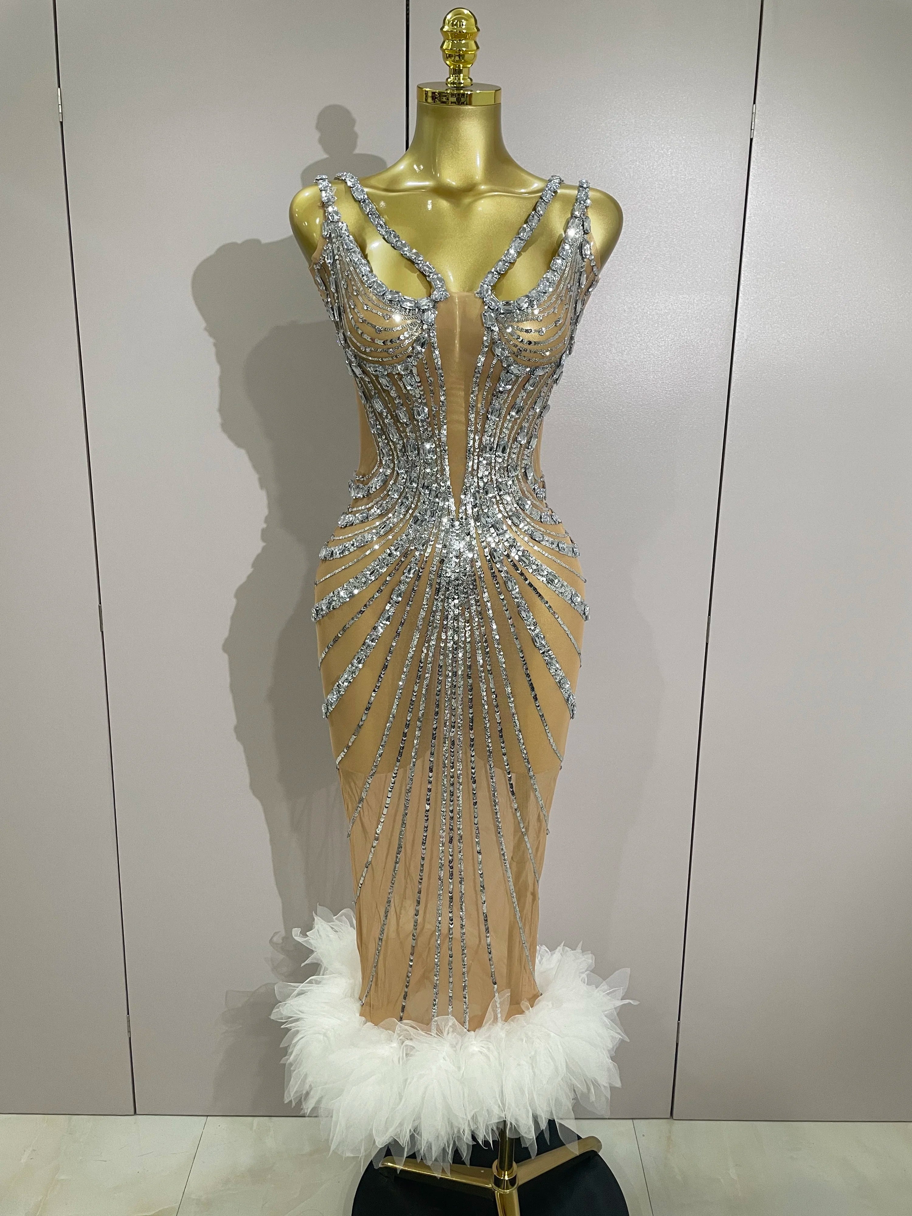 Luxury Sexy Silver Rhinestone Mesh See Through Long Dress 2025 New Women Birthday Party Prom Gown Singer Nightclub Stage Costume Silver