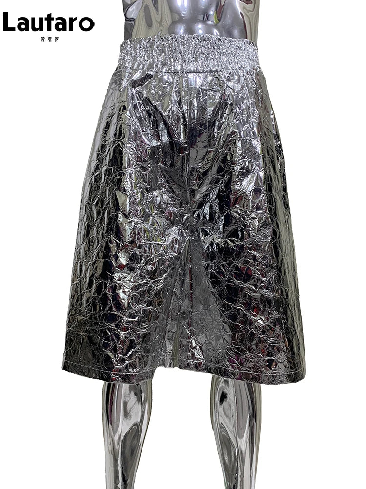 Lautaro Summer Autumn Shiny Silver Faux Leather Shorts for Men with High Elastic Waist Y2K Streetwear Emo European Clothes 2025 Silver