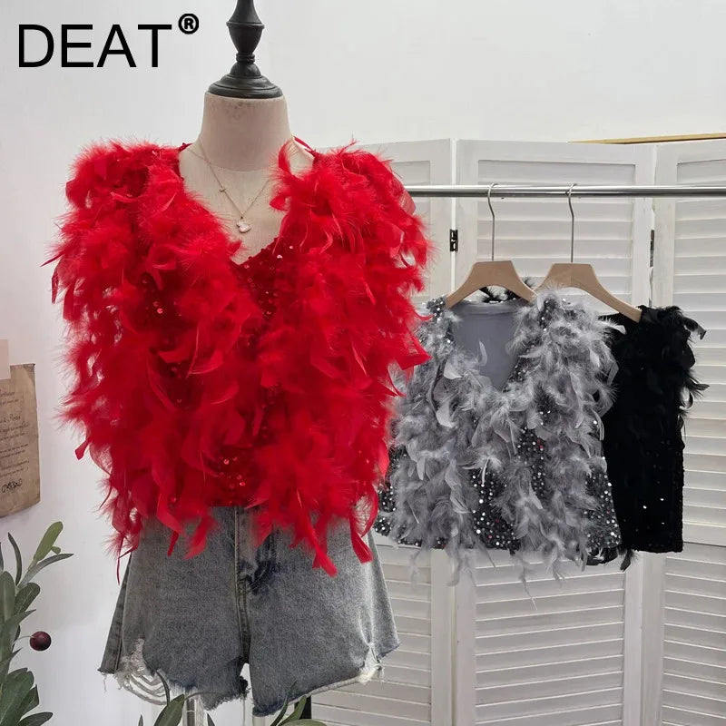 Autumn Winter New Fashion Design Heavy Industry Feather Shiny Sequin Patchwork Velvet Vest Women's Short Top 11A07916