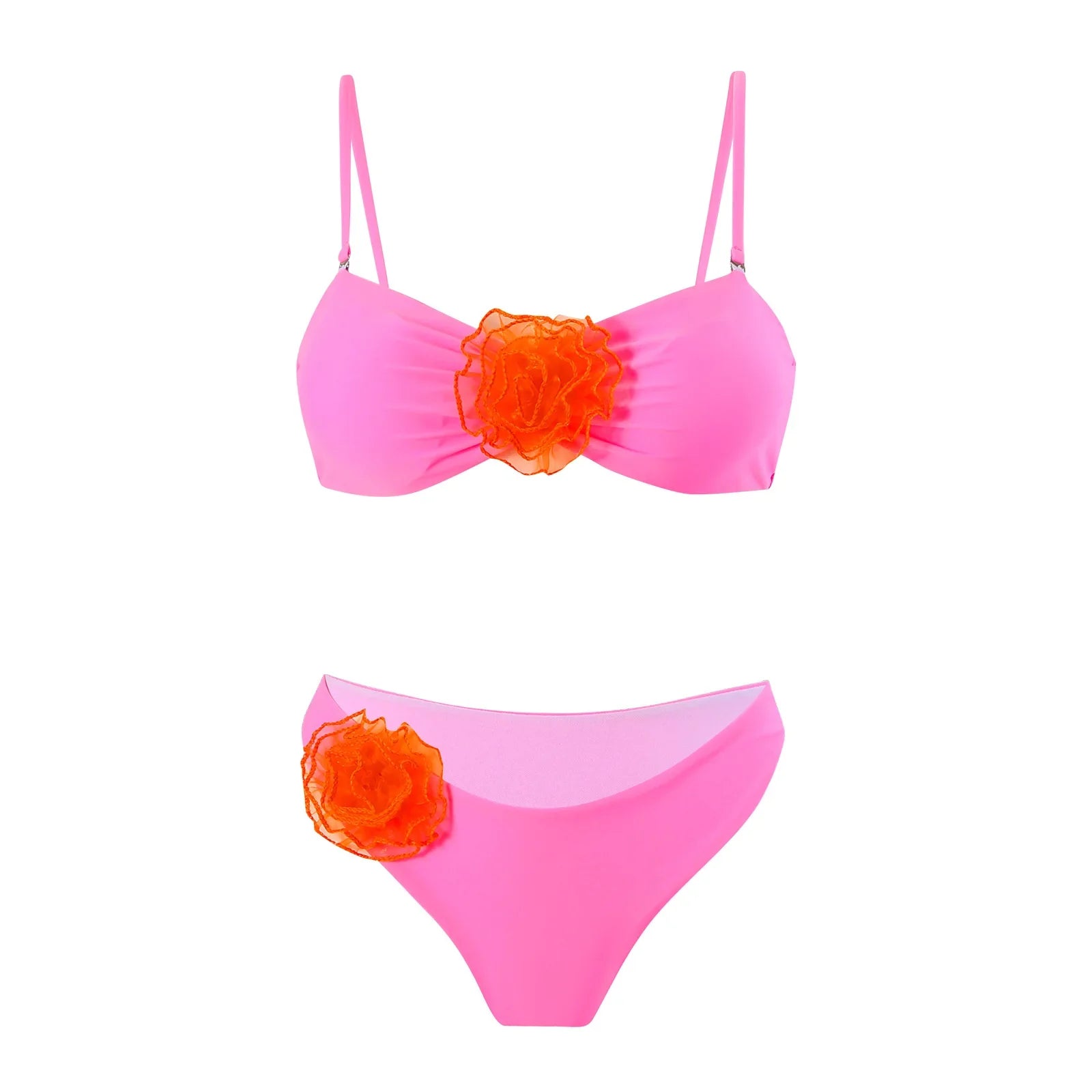 Sexy Women Swimsuit Lace Up Bikini Micro Bikinis Set Female Swimwear 3D Floral Bathing Suit Thong Biquini Swimming Suits pink
