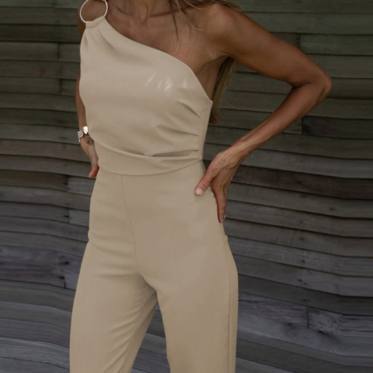 Sexy Backless Sleeveless Jumpsuit Summer Women Elegant Diagonal Collar One Shoulder Playsuits Fashion Solid Slim Ladies Rompers