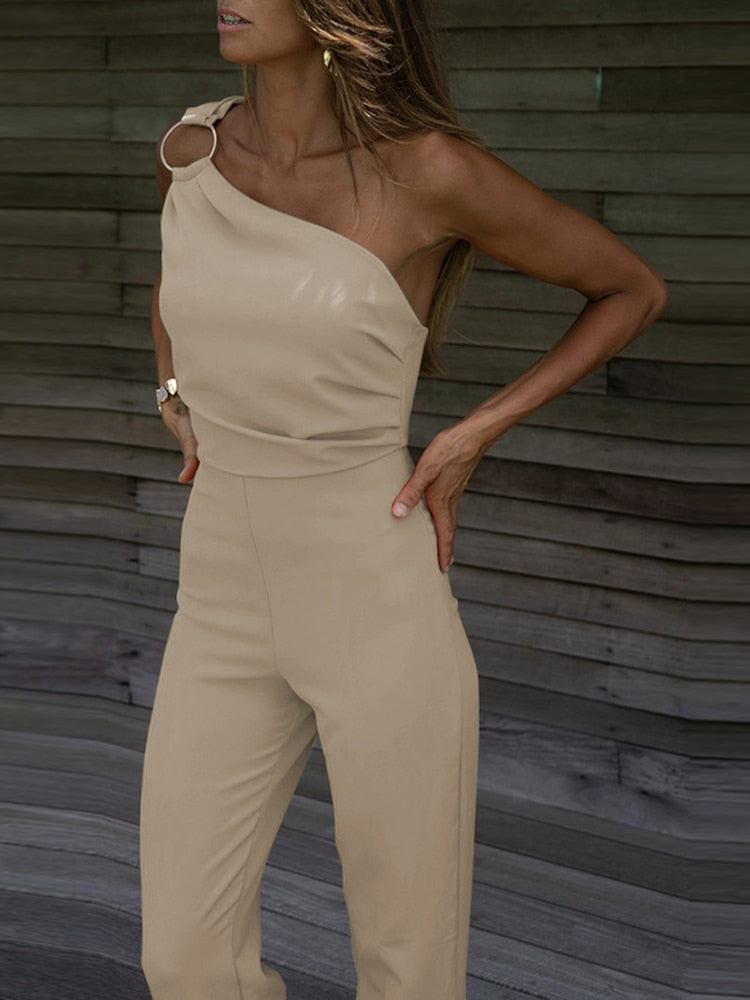 Sexy Backless Sleeveless Jumpsuit Summer Women Elegant Diagonal Collar One Shoulder Playsuits Fashion Solid Slim Ladies Rompers